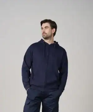 Customisable navy blue zip-up hoodie with drawstrings, perfect for embroidery and printing.