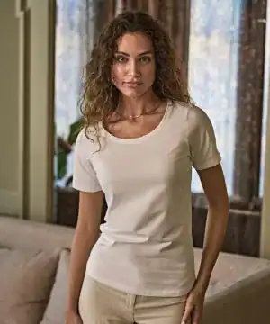 Ladies stretch tee with embroidery and printing options.