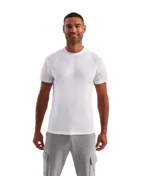 White technical sports T-shirt with panel design for activewear.