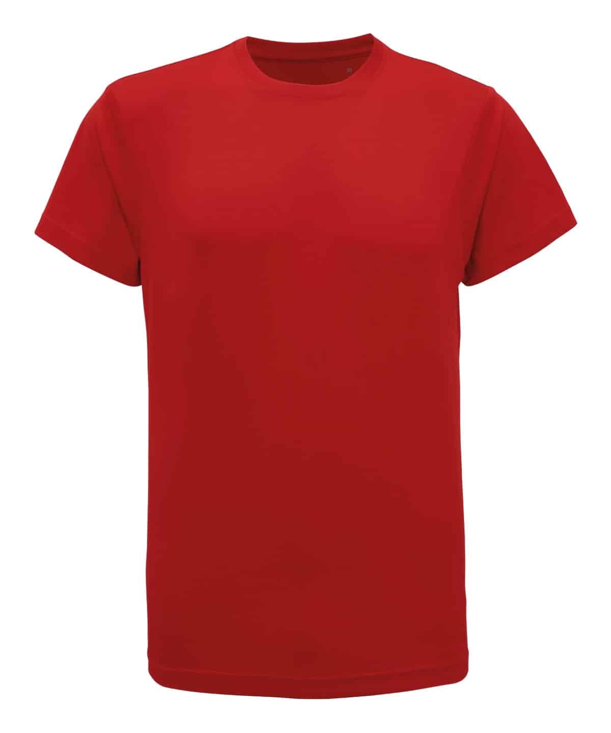 Recycled performance T-shirt in vibrant fire red, ideal for sports and casual wear. Eco-friendly fab.