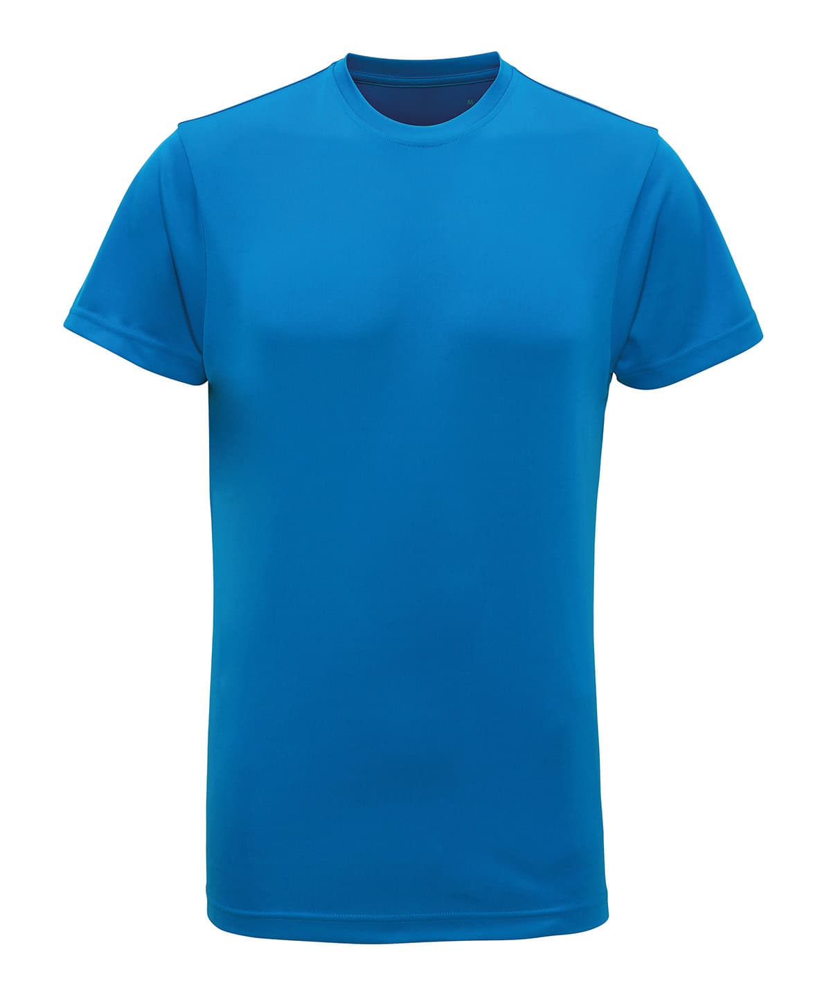 Recycled performance T-shirt in sapphire blue, ideal for sports and activewear. Eco-friendly fabric.