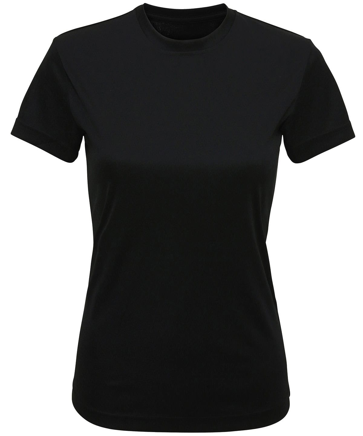 Recycled performance T-shirt for women, black colour, lightweight and breathable fabric.