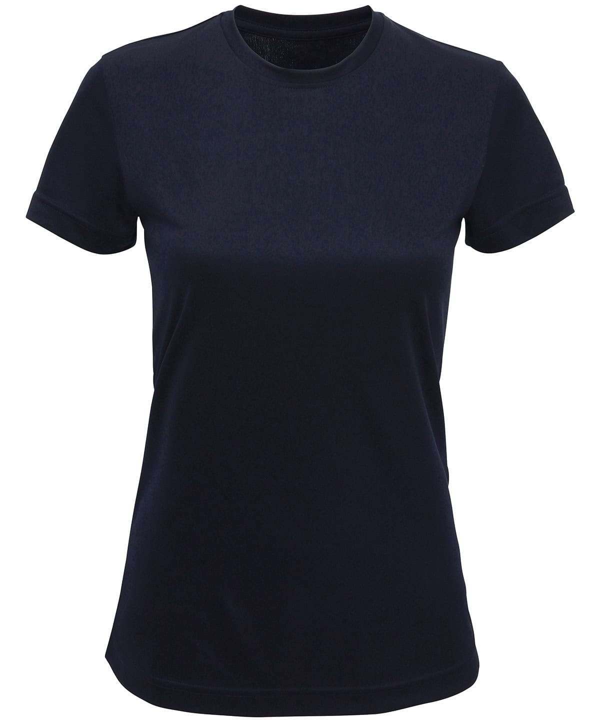 Recycled performance T-shirt in French Navy, ideal for active women, featuring eco-friendly material.