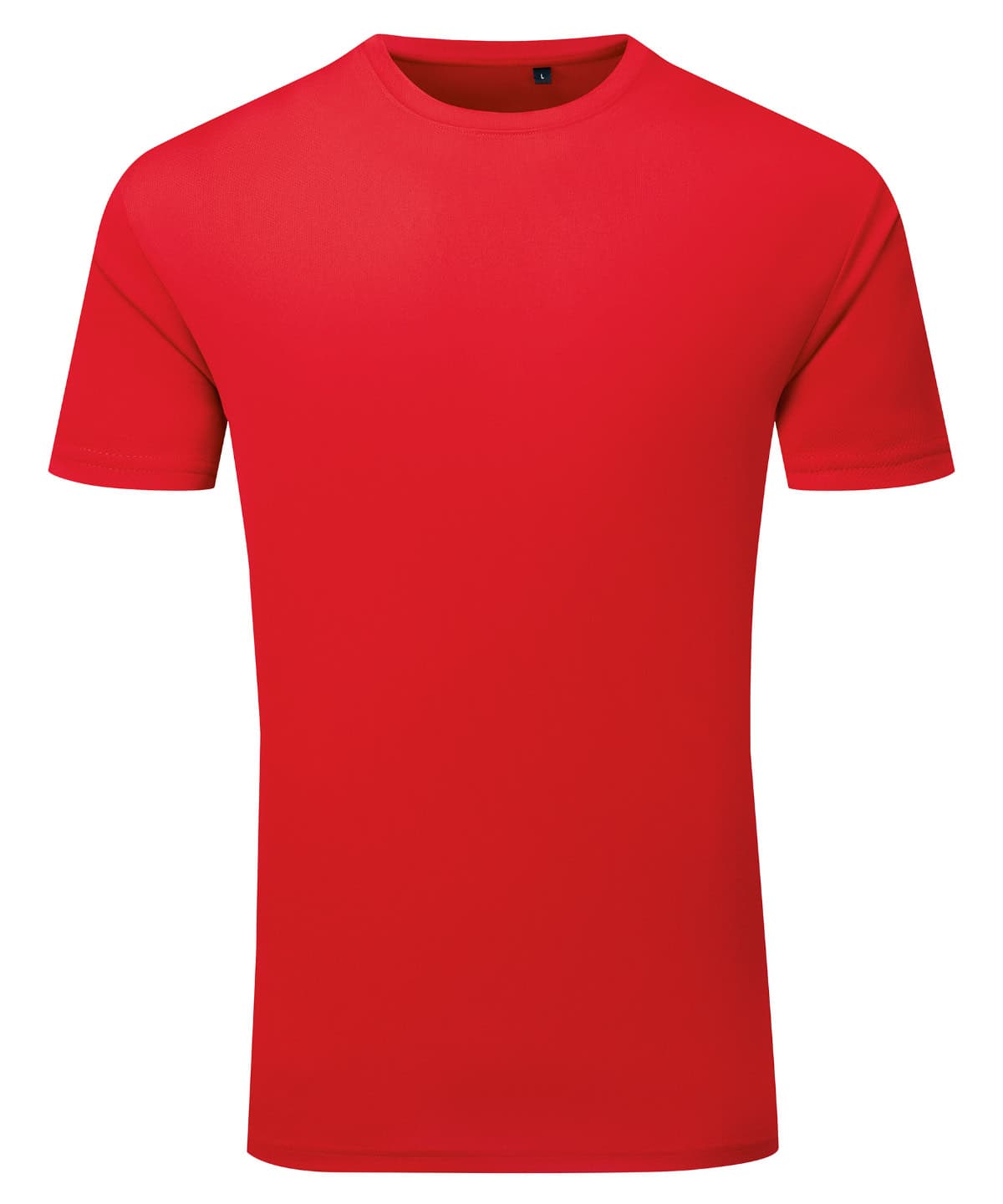 Recycled red T-shirt with Ion-Charge technology, ideal for active wear and eco-conscious sports enth.