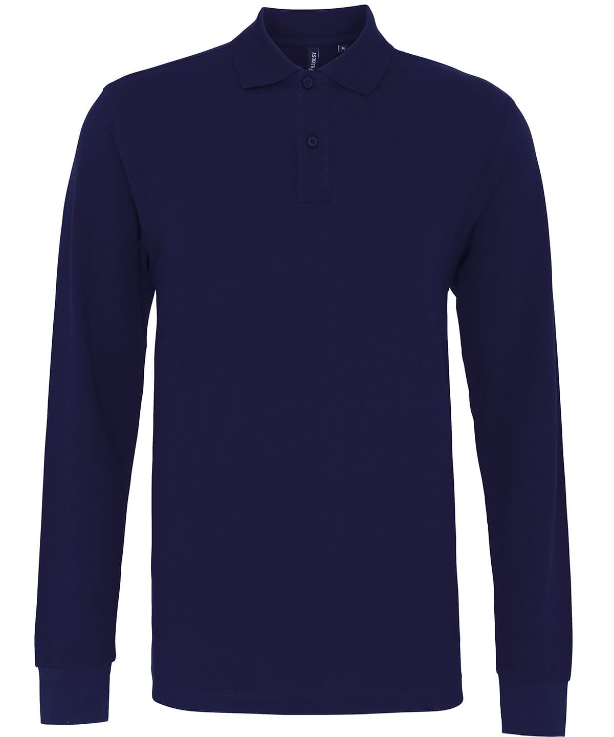 Navy long sleeved polo shirt for embroidery and printing, ideal for corporate or team uniforms.