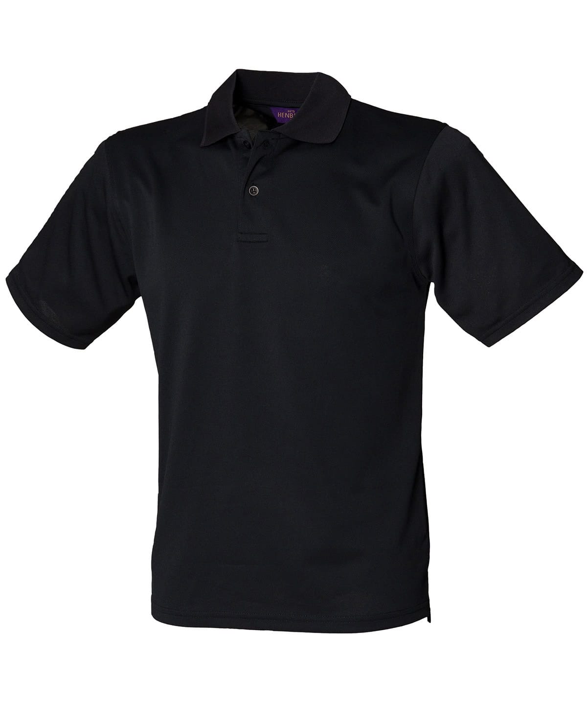 Black polo shirt with classic collar and button placket, ideal for corporate embroidery and printing.