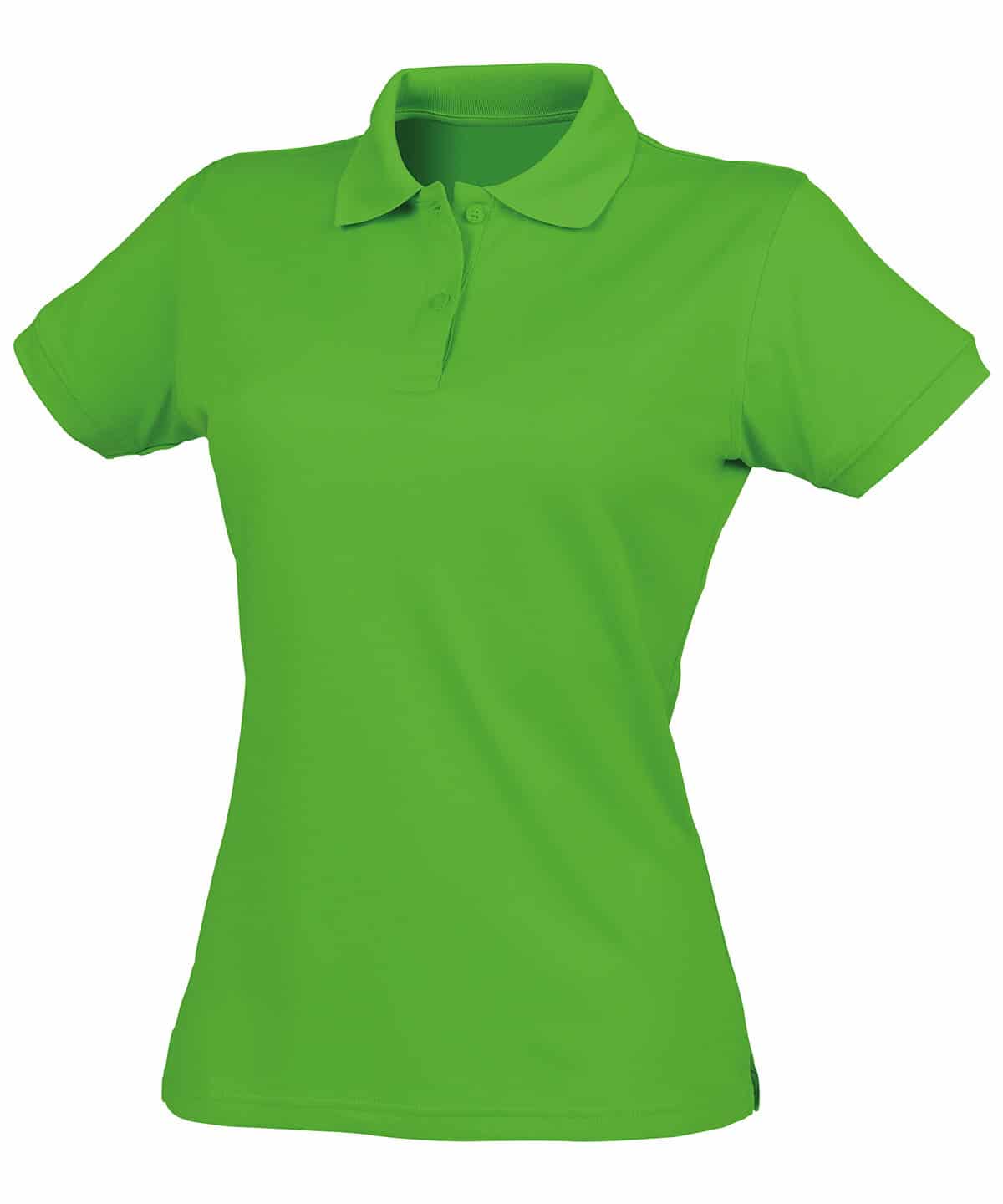 Embroidery & printing on custom polo shirts in lime green. Perfect for corporate branding and promot.