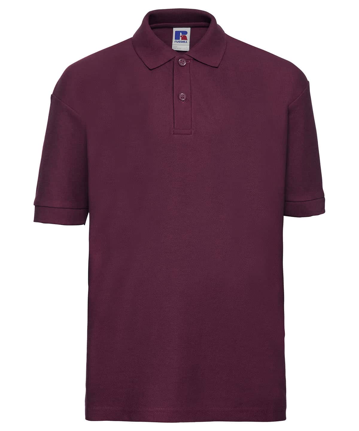 Bright burgundy kids polo shirt with embroidered logo, perfect for casual wear and school uniforms.