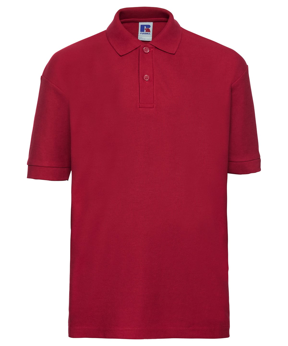 Red kids polo shirt with embroidered logo, perfect for casual wear.