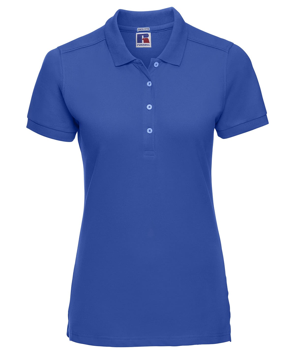 Blue ladies stretch polo shirt with collar and buttons, ideal for sports and casual outfits.