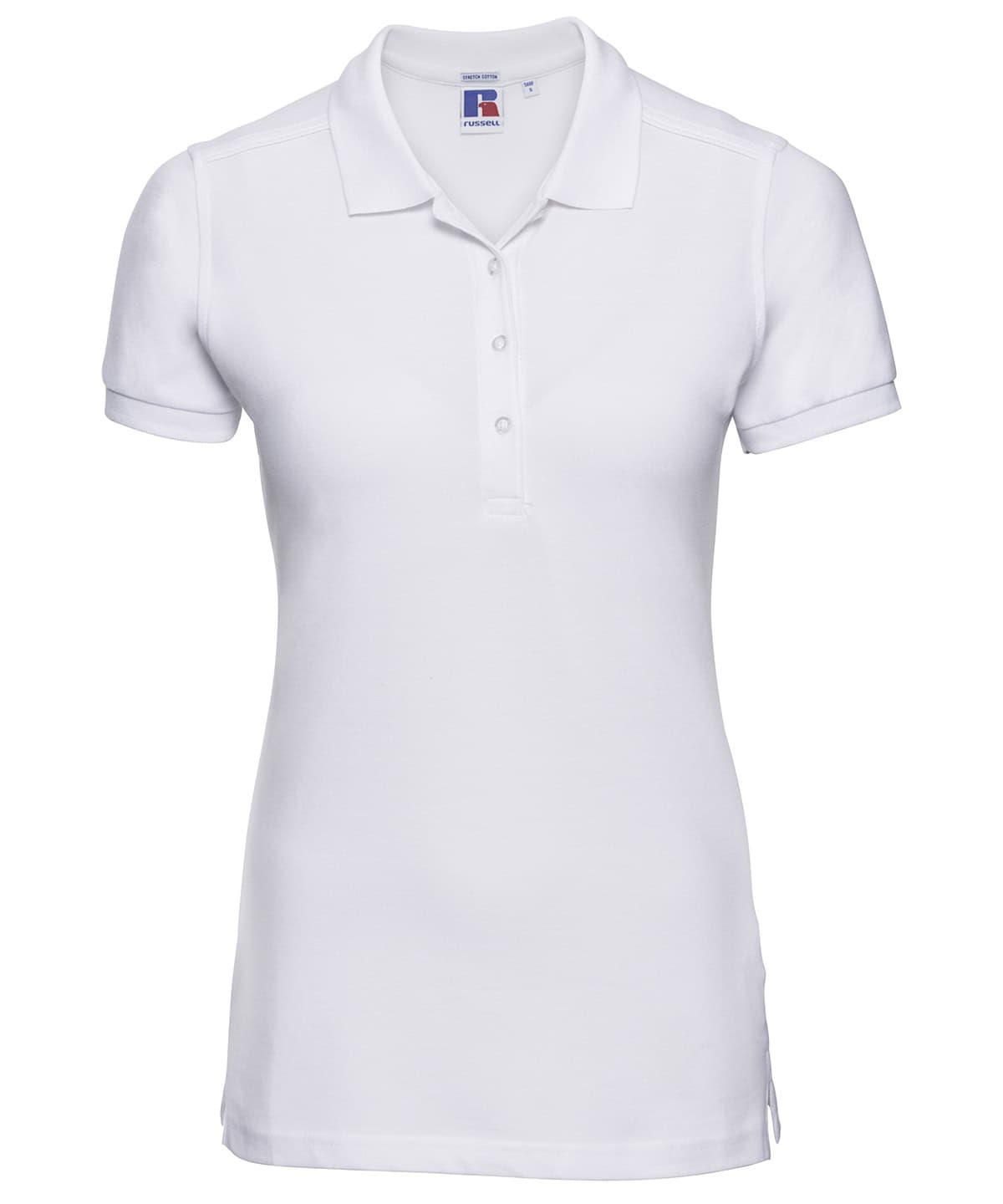 Ladies white stretch polo shirt, perfect for sports and casual wear, featuring comfortable fit and b.