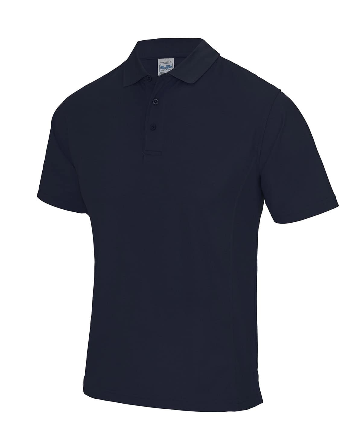 Navy blue performance polo shirt with breathable fabric, ideal for sports and casual wear.