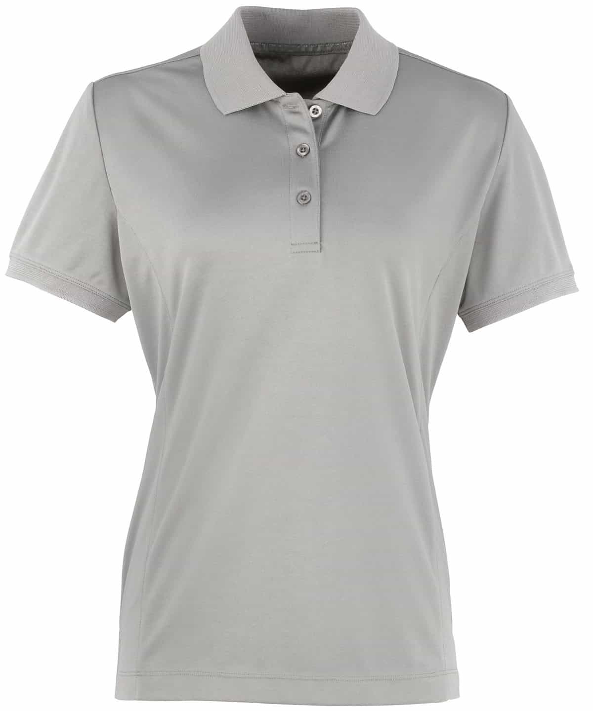 Embroidery and printing on high-quality ladies polo shirt in silver. Perfect for custom branding and.