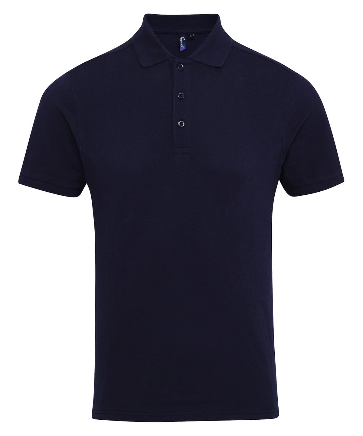 Navy polo shirt with embroidery and printing options for custom branding.