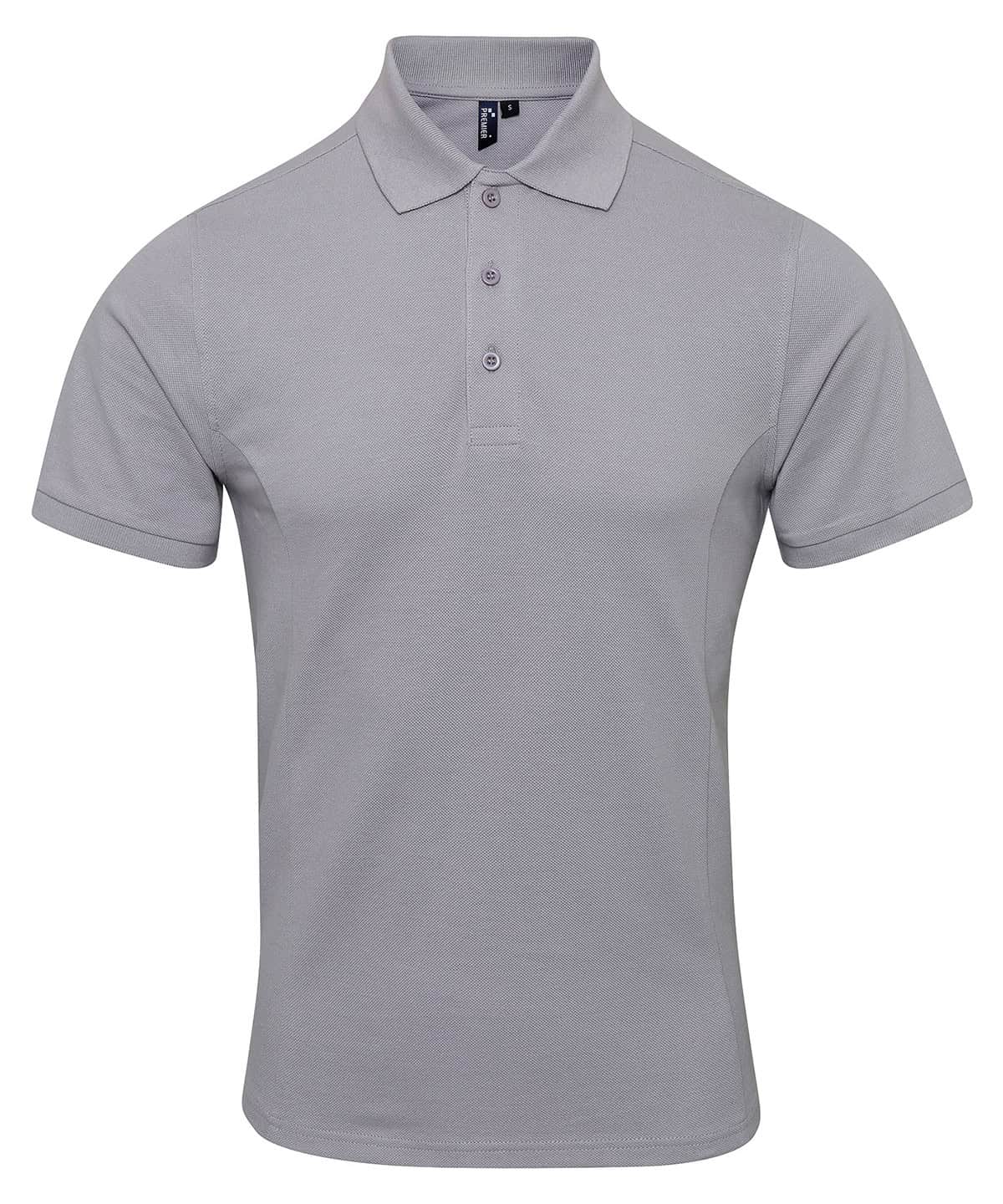 Embroidery polo shirt in silver with custom printing options for branding.