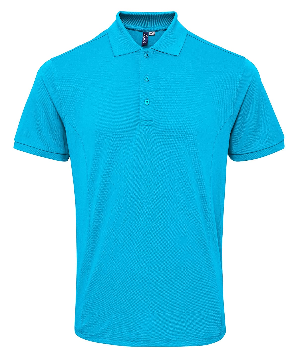 Embroidery and printing on custom polo shirts in turquoise. Perfect for corporate branding and promo.