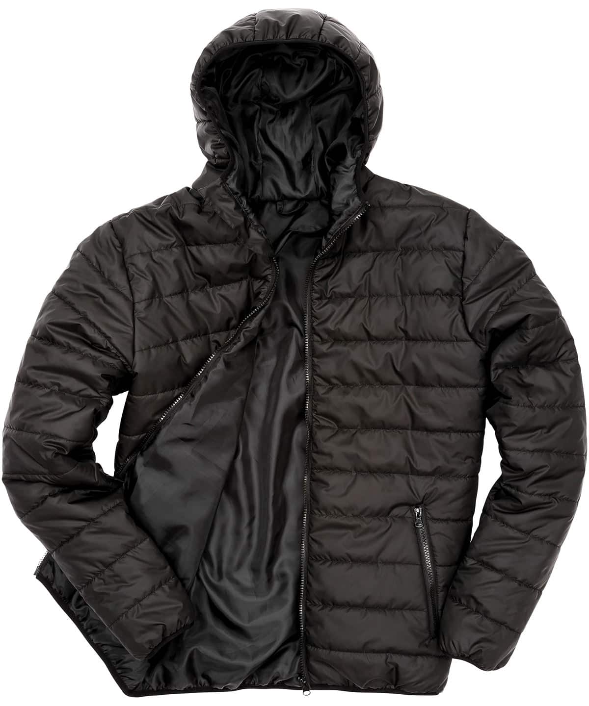Black padded jacket with embroidered logo, ideal for outdoor wear and casual style.