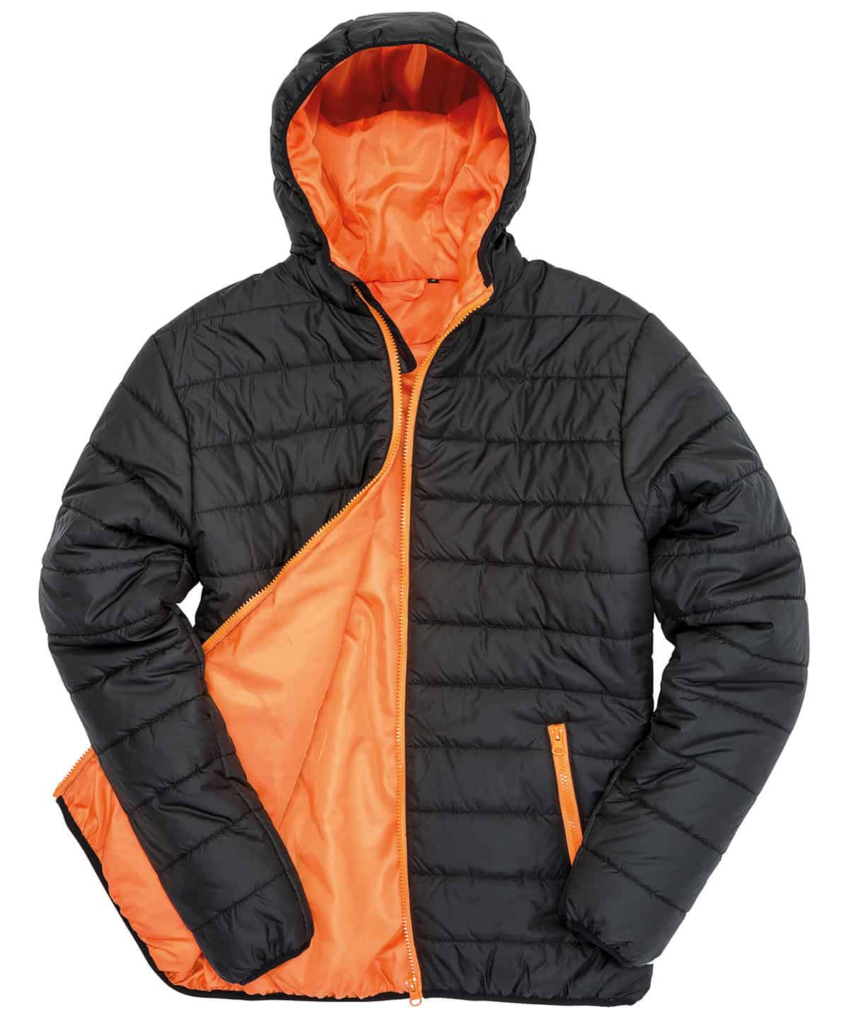 Black and orange padded jacket with hood, ideal for outdoor wear.