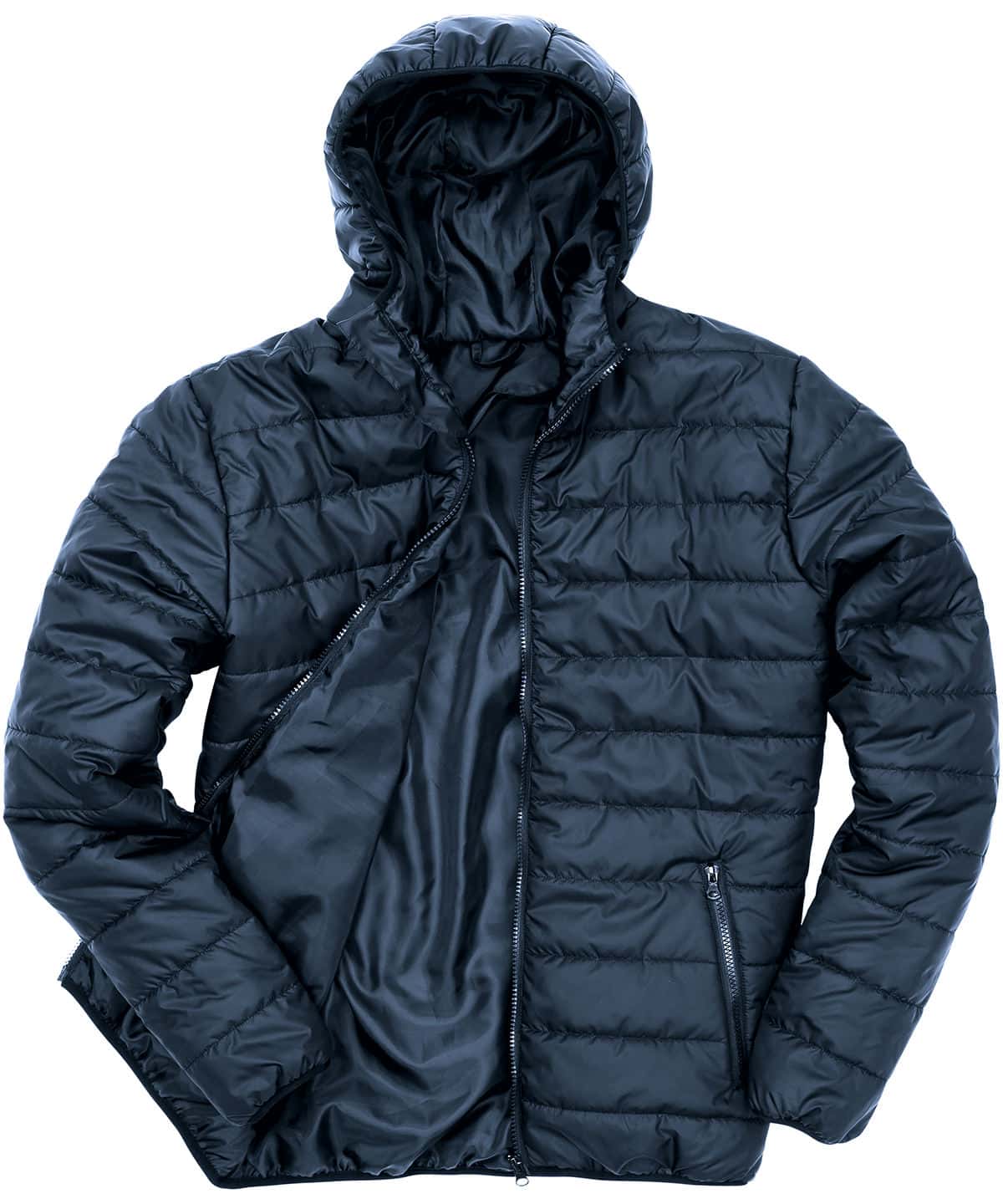 Navy padded jacket with embroidery and printing options, perfect for outdoor wear and casual style.