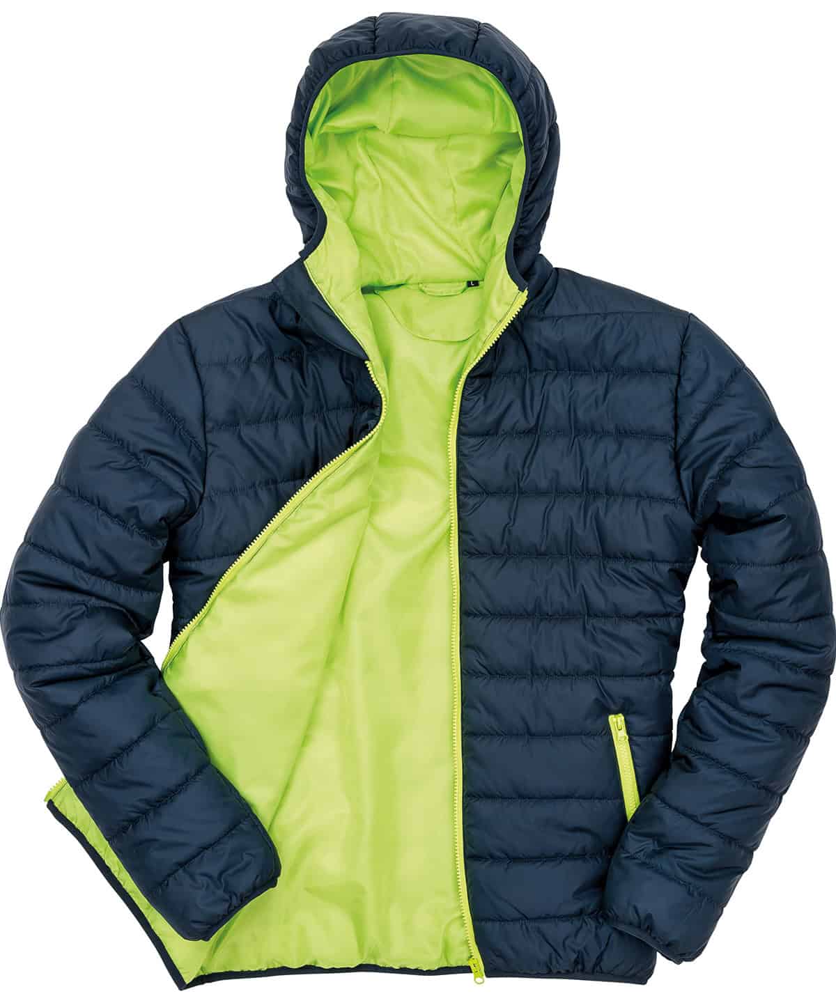 Navy and lime padded jacket with hood, ideal for outdoor activities and casual wear.