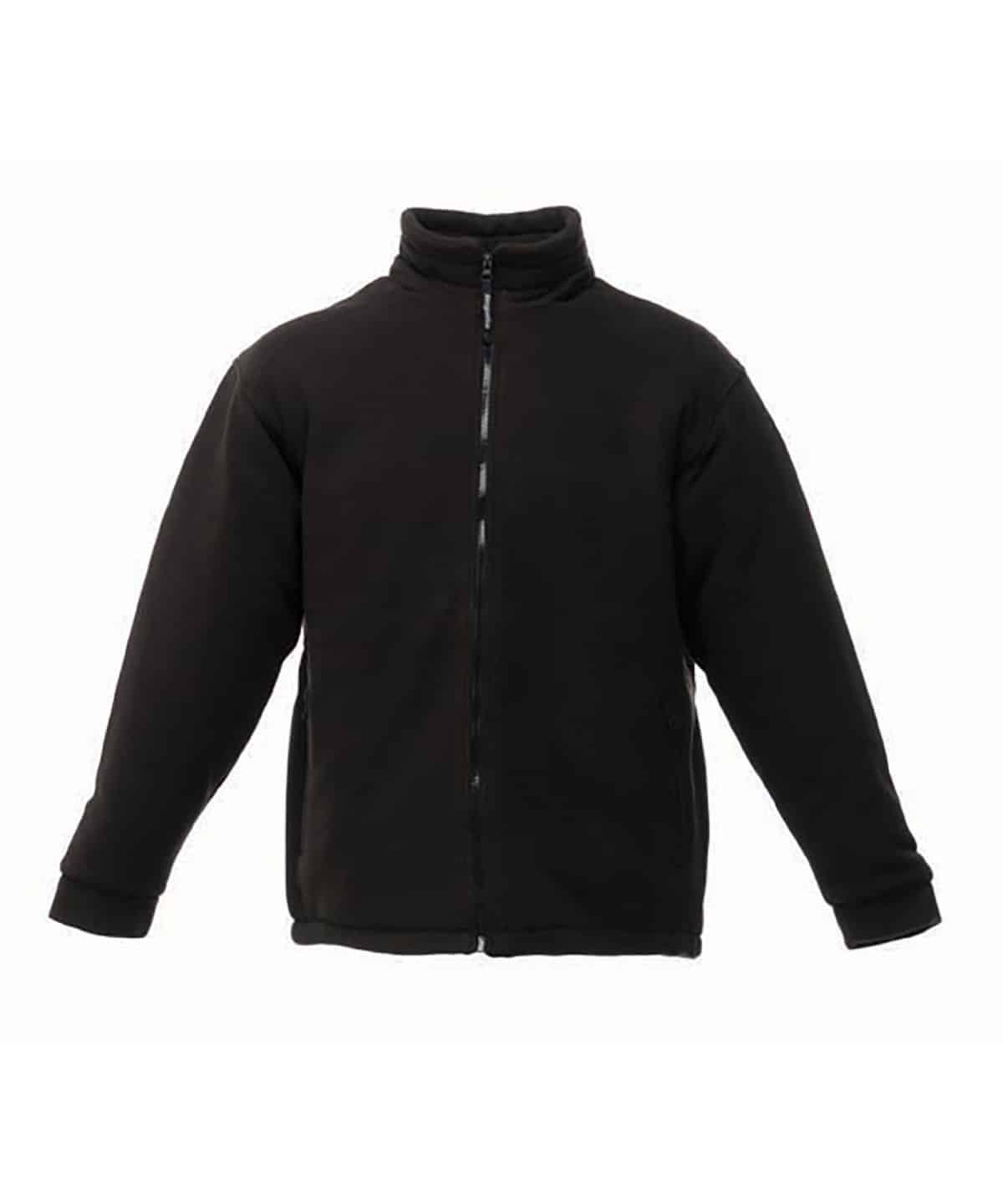 Black fleece jacket with full zip, ideal for outdoor activities and casual wear.