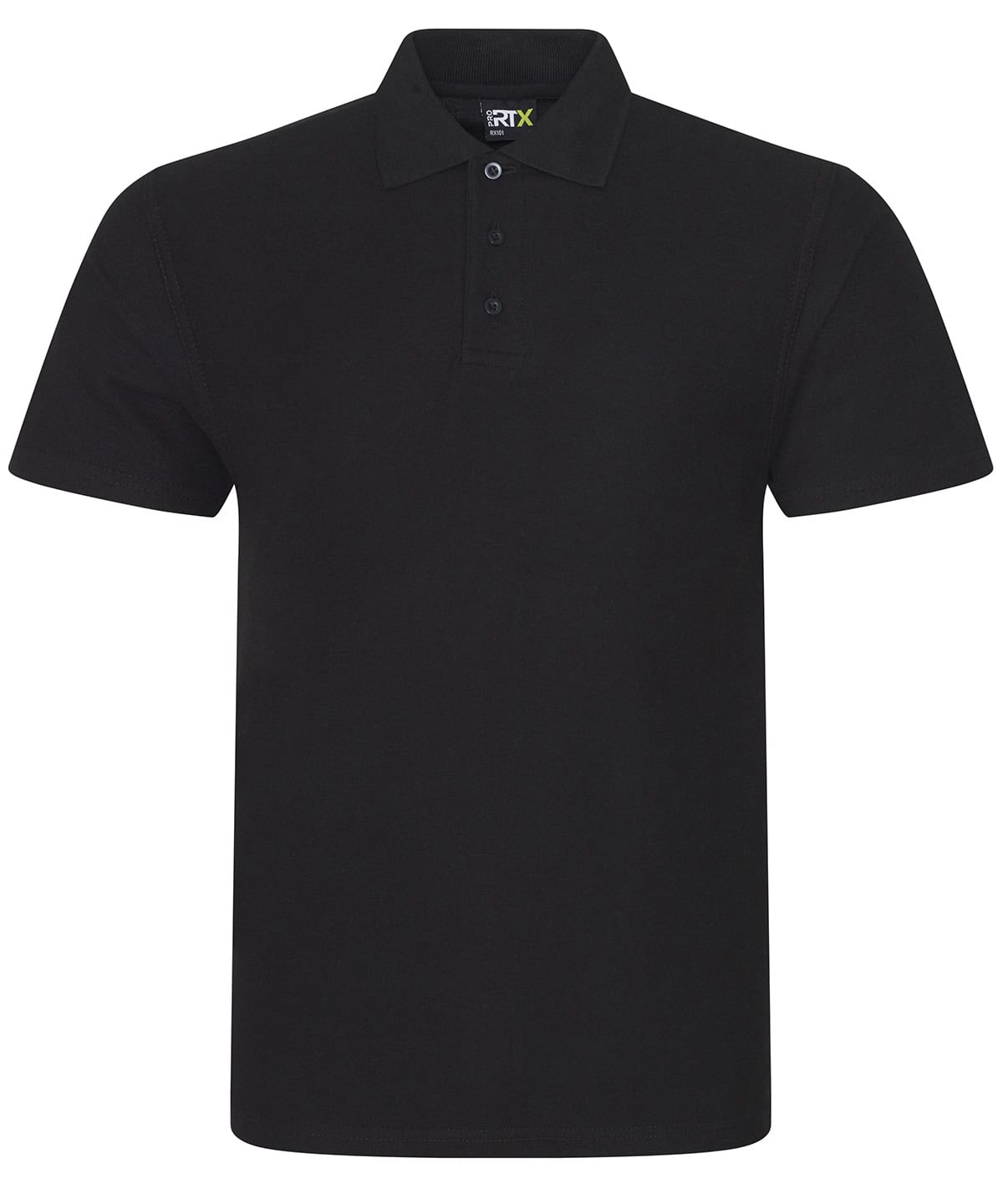 Black embroidered polo shirt with RX101 logo, ideal for sports and casual wear.