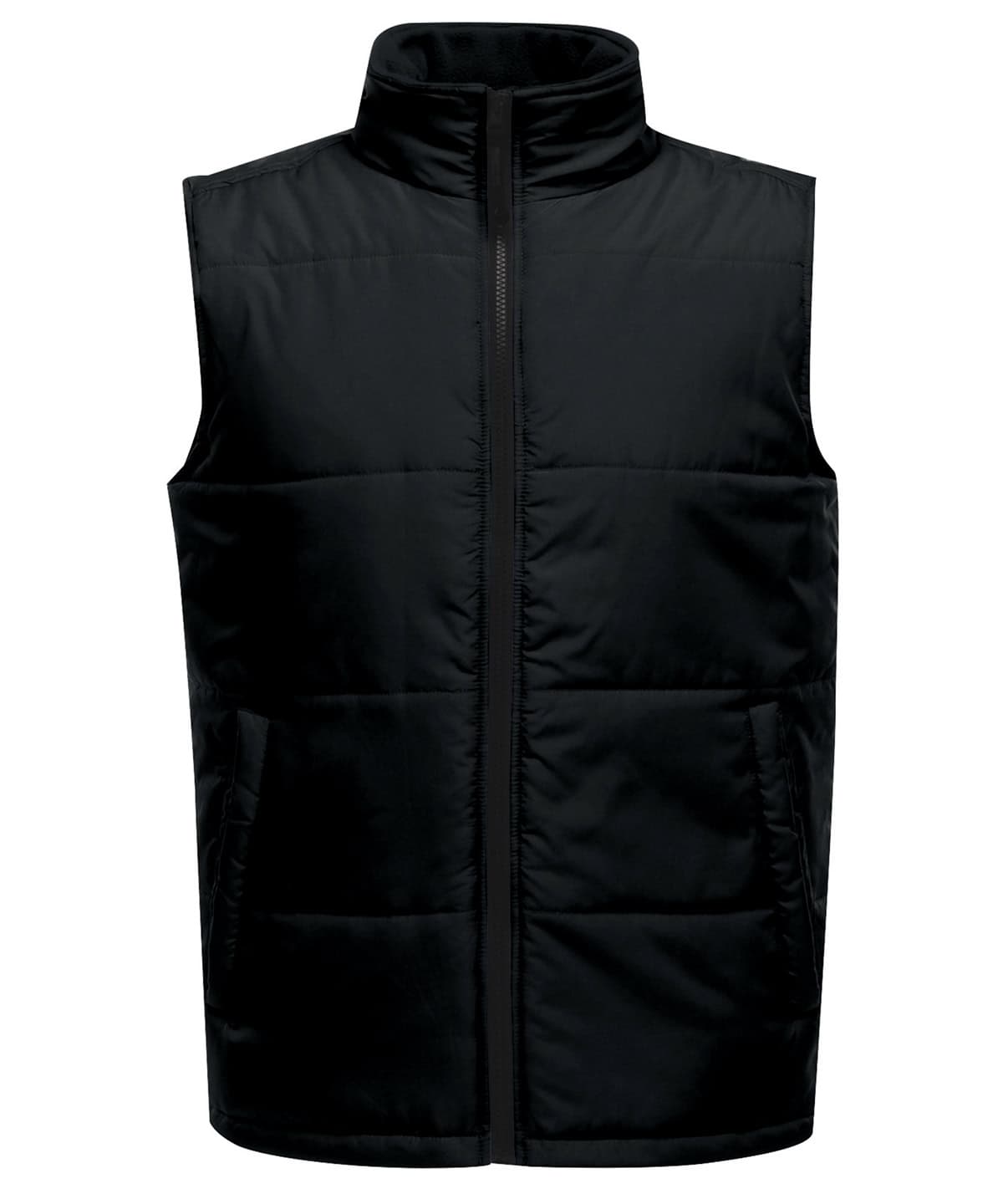 Black insulated bodywarmer vest with front zipper, ideal for work and outdoor activities.