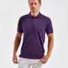 Man wearing a purple polycotton blend polo shirt, casual clothing for branding or printing.