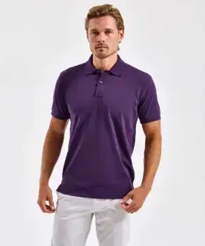 Man wearing a purple polycotton blend polo shirt, casual clothing for branding or printing.