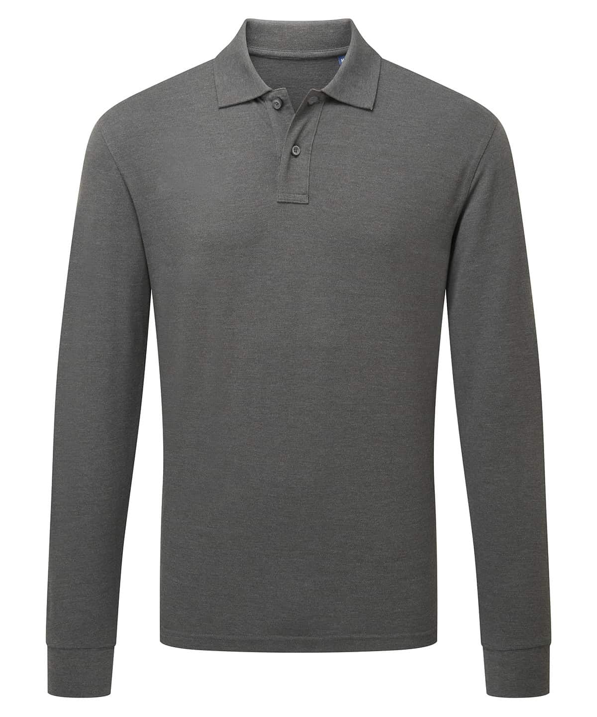 Charcoal long sleeved polo shirt for embroidery and printing.