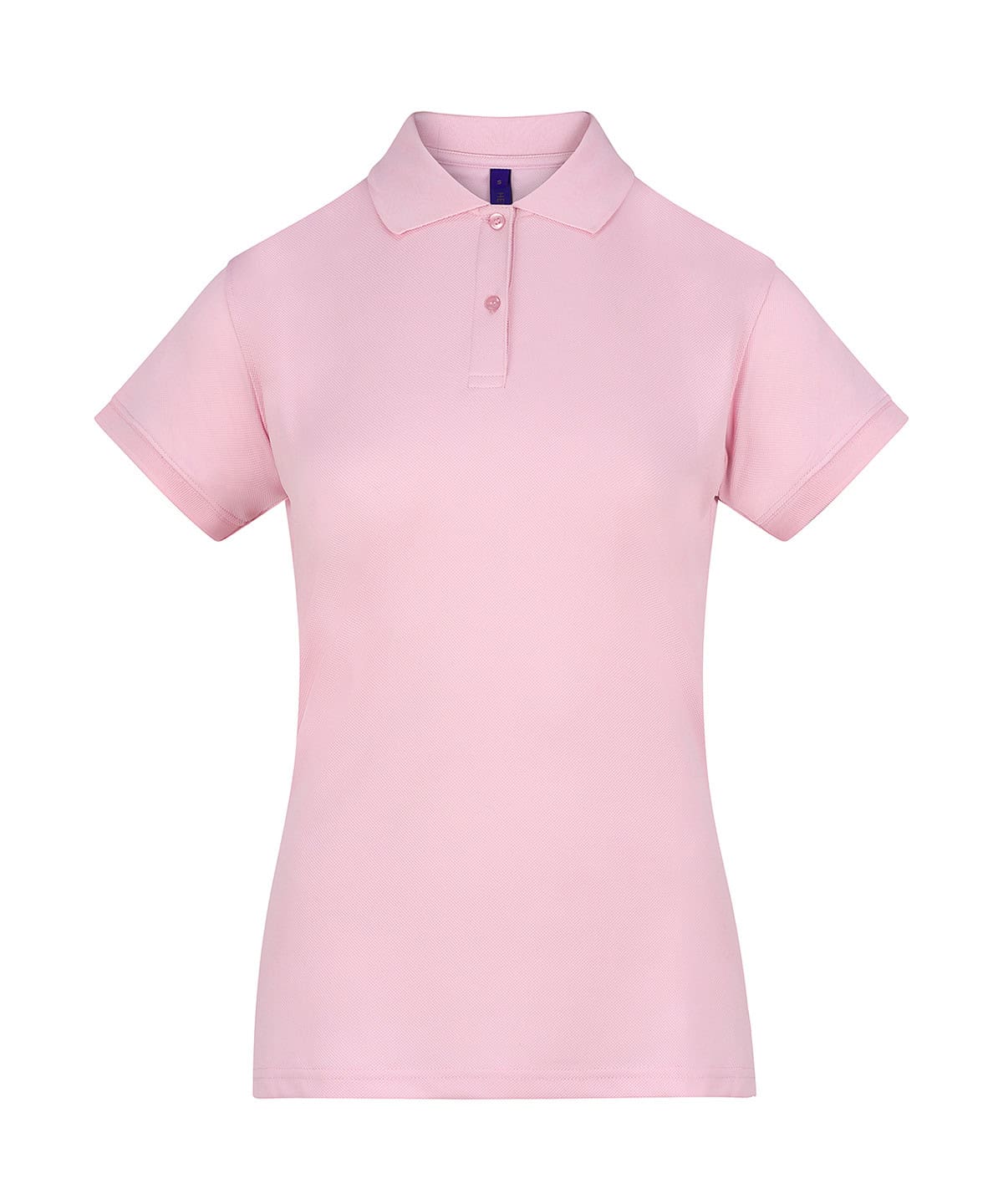 Ladies pink Coolplus polo shirt with collar and short sleeves for comfort and style.
