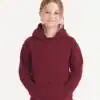 Image Features a girl wearing a kids organic hoodie in deep red, comfortable and stylish for everyday use.