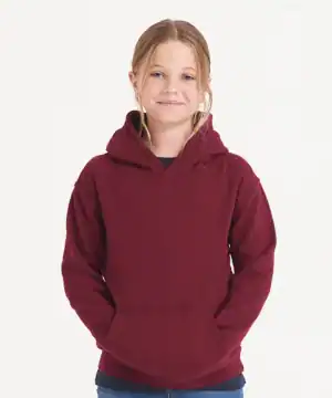 Image Features a girl wearing a kids organic hoodie in deep red, comfortable and stylish for everyday use.