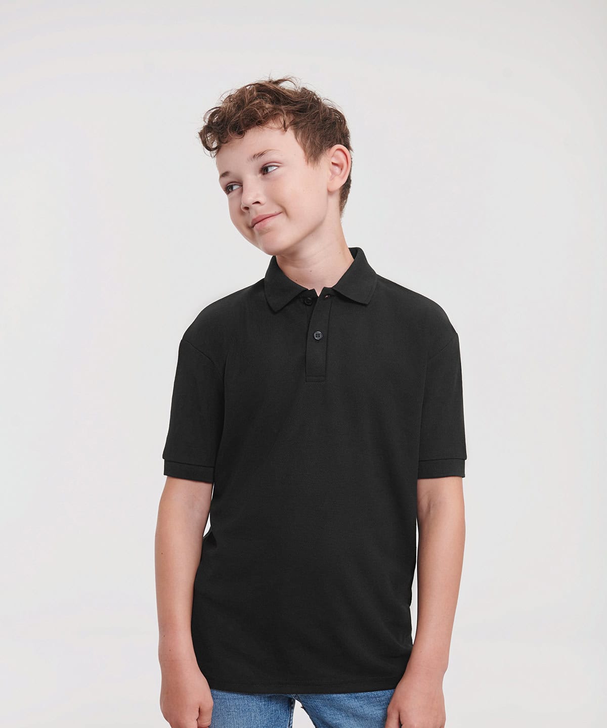 Kids polo shirt in black, perfect for custom embroidery and printing. Comfortable and stylish for ch.
