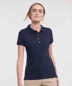 Ladies stretch polo shirt with a fitted design, ideal for sports and casual wear. Custom embroidery.