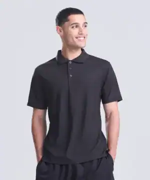 Man wearing a black performance polo shirt, ideal for sports and casual wear.