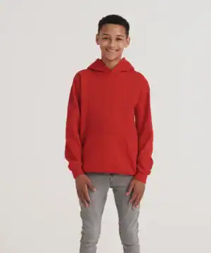 Bright red kids hoodie with front pocket, perfect for casual wear and embroidery printing.