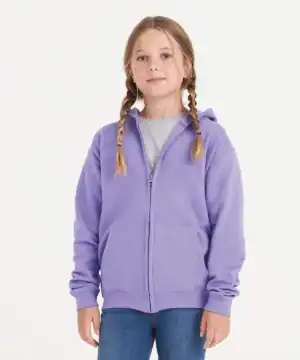 Kids purple zip-up hoodie, soft fleece material, perfect for casual wear and outdoor activities.
