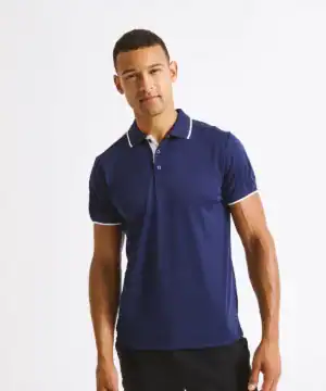 Men's navy blue polo shirt with contrast collar and sleeve trim, ideal for sports and casual wear.