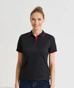 Contrast Coolchecker polo shirt with black and red accents, ideal for personalised embroidery and pr.