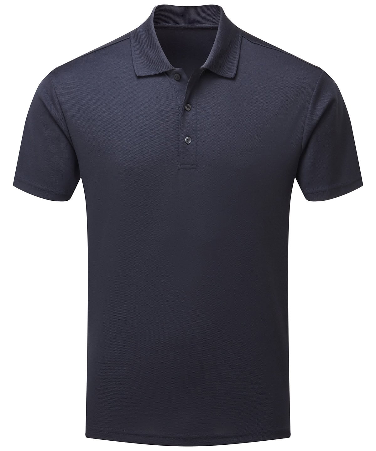 Recycled spun dyed polo in French Navy, eco-friendly and sustainable fabric.