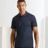 Man wearing navy blue spun dyed recycled polo shirt for sustainable fashion.