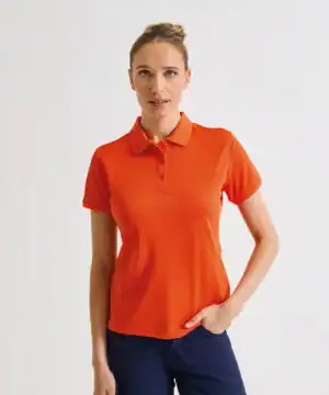 Women’s orange Coolchecker polo shirt with embroidered logo, perfect for casual or sportswear.