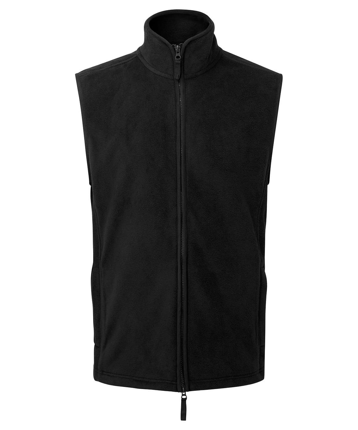 Black fleece gilet with full zip for outdoor warmth and comfort.
