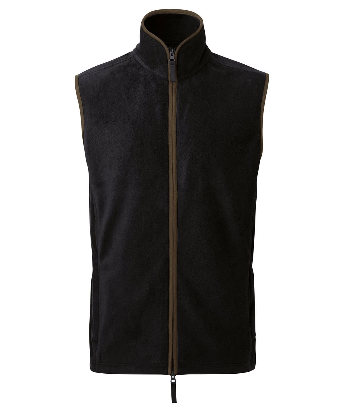 Quality embroidered fleece gilet for outdoor wear, available in black and brown, perfect for custom.