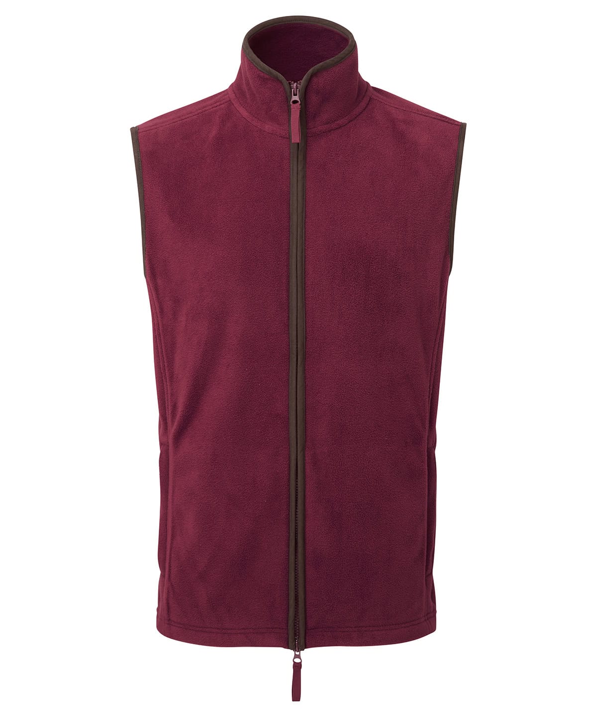 Artisan fleece gilet in burgundy and brown, perfect for custom embroidery and printing.