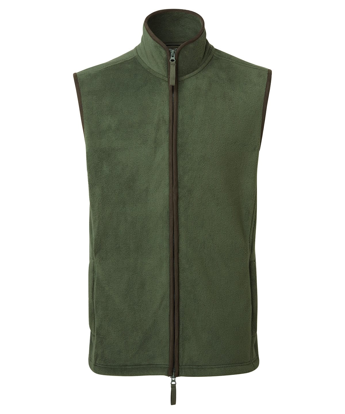 Quality embroidered fleece gilet in moss green and brown, perfect for outdoor activities and casual.