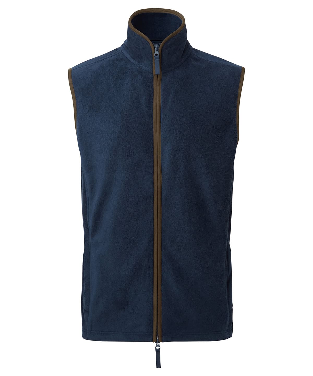 Embroidered fleece gilet in navy and brown, perfect for outdoor wear and custom branding.