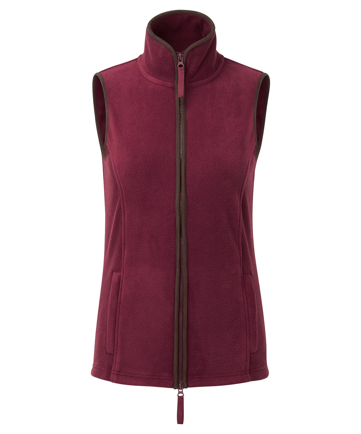 Ladies artisan fleece gilet in burgundy and brown, perfect for outdoor activities and casual wear.
