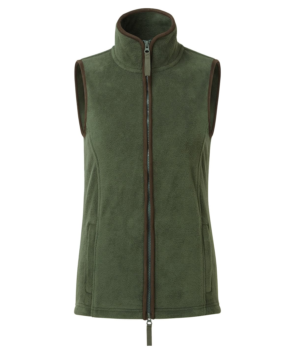 Artisan fleece gilet in moss green and brown, perfect for outdoor activities and embroidery projects.